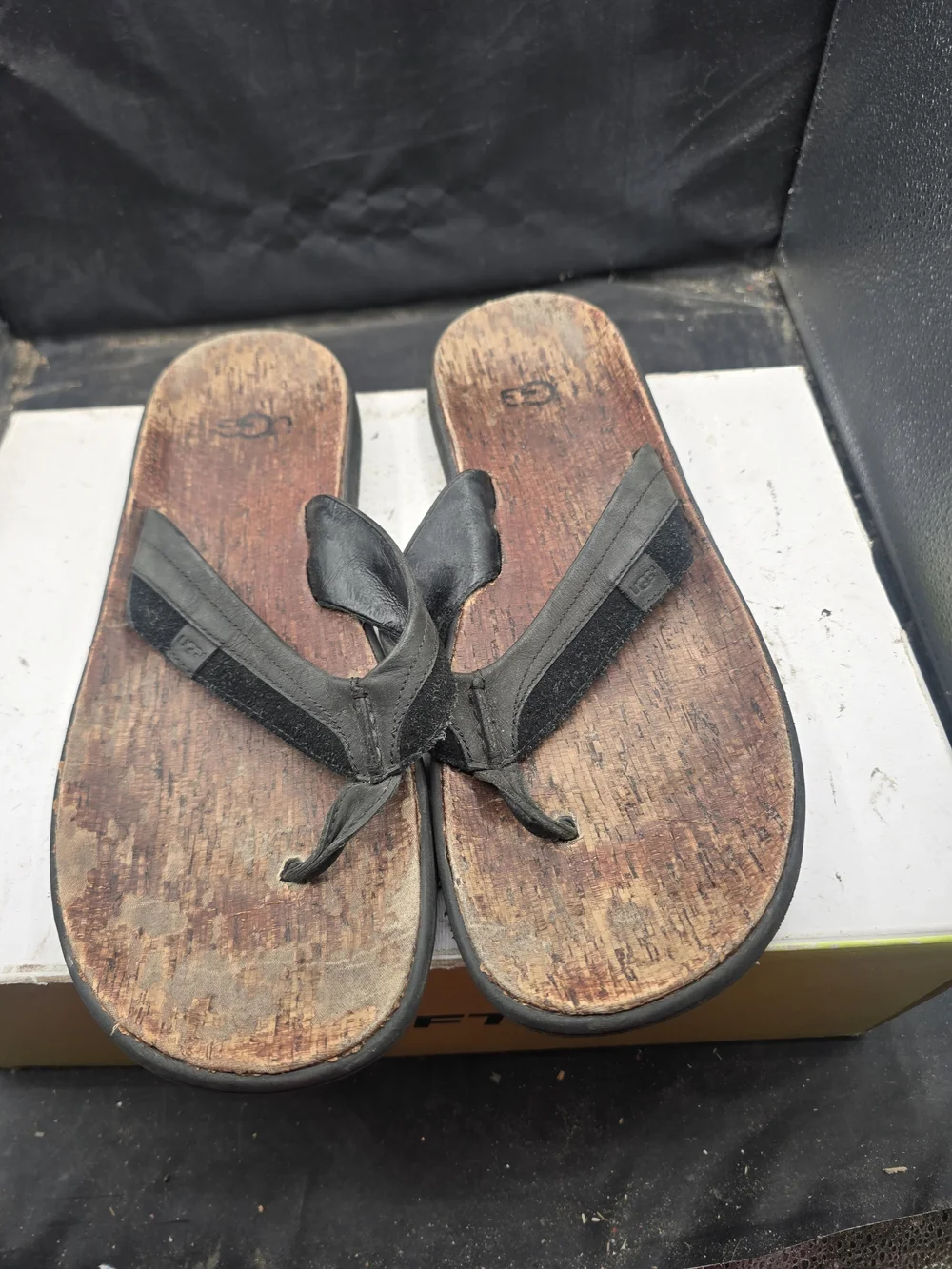 UGG Black Leather Strap Flip Flops with Wood-Effect Footbed